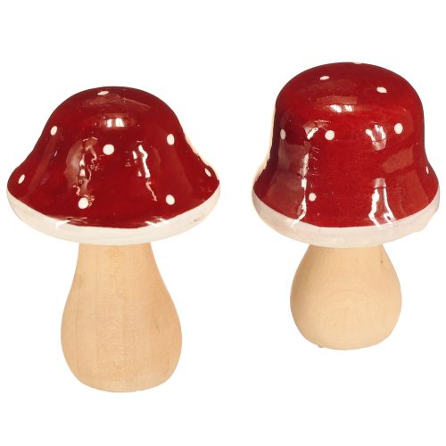 Champignons en bois, champignons vénéneux, décoration, bois, FSC, rouge-brun, H6,5/7 cm, 4 pièces