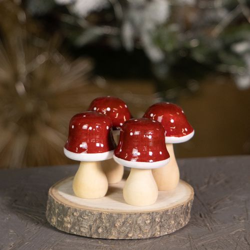 Article Champignons en bois, champignons vénéneux, décoration, bois, FSC, rouge-brun, H6,5/7 cm, 4 pièces