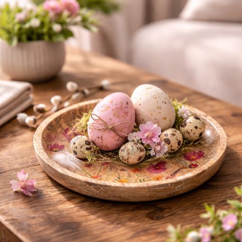 Article Assiettes en bois décorées de fleurs et de papillons, rose naturel, Ø15cm, lot de 3