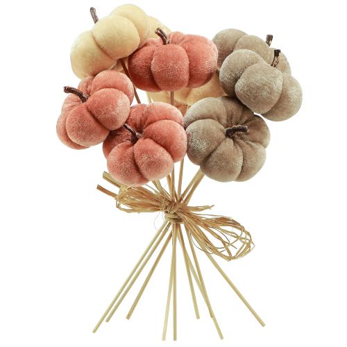 Article Citrouille décorative en tissu sur bâton jaune marron orange Ø7cm 9 pcs