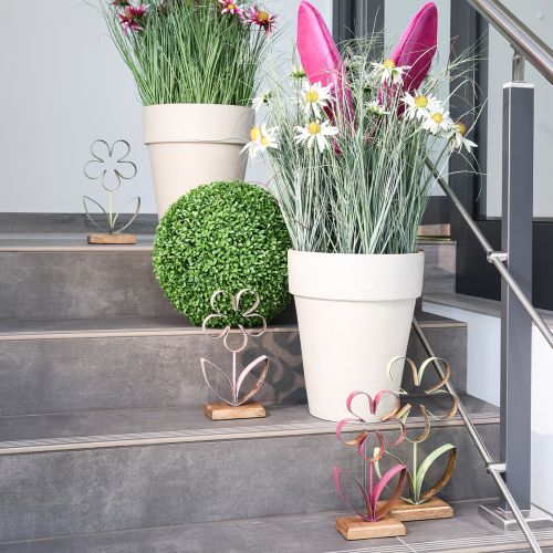 Article Décoration Métal Fleur sur Socle Bois Vieux Rose Argent H29cm