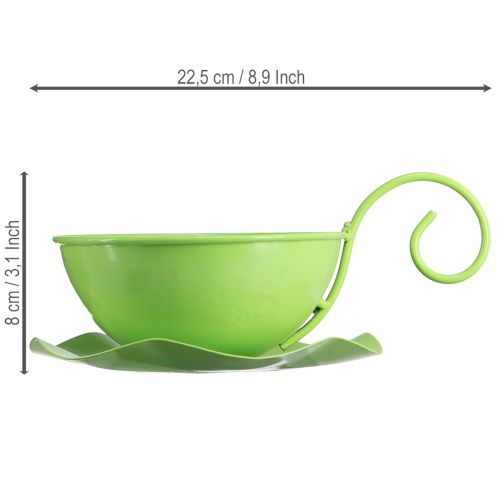 Article Tasse décorative en métal, vert pomme, avec soucoupe, H 8 cm Ø 11,5 cm, lot de 2
