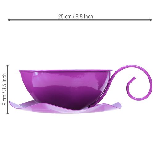 Tasse décorative en métal Ø16 cm H9 cm avec soucoupe violette (lot de 2) | Floristik24.fr