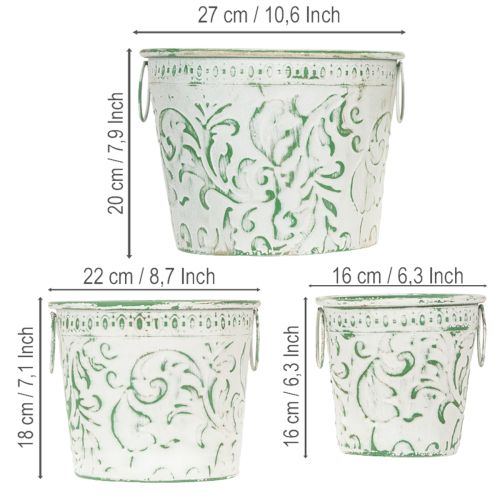 Article Pots en métal avec anses, cache-pots à décor en relief, blanc, vert, style shabby chic, H 20,5/18,5/16 cm, Ø 25,5/20,5/15,5 cm, lot de 3