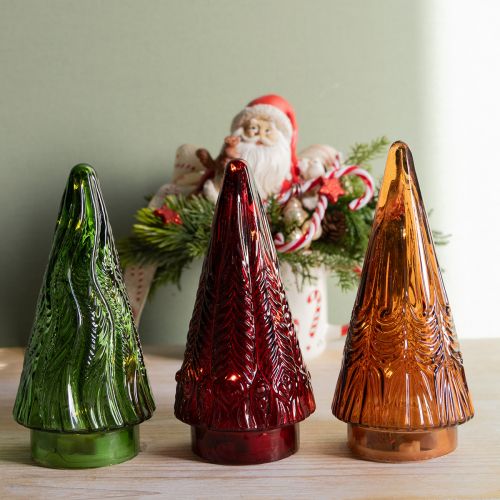 Article Mini sapin de Noël en verre LED rouge vert marron 18 cm 3 pièces