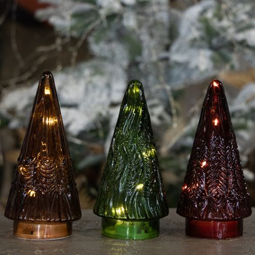Article Mini sapin de Noël en verre LED rouge vert marron 18 cm 3 pièces