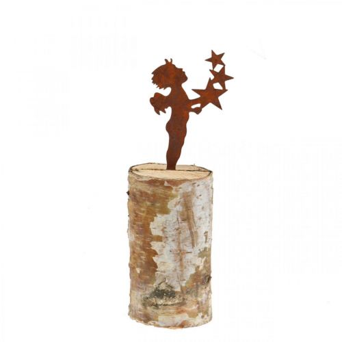 Article Décoration ange rouille avec étoiles sur tronc en bois de bouleau H21cm