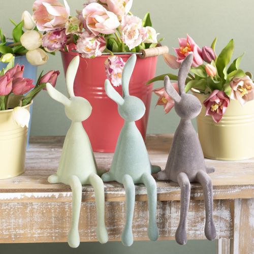 Floristik24 Décoration de Pâques Lapin assis floqué – 2e choix – Vert marron 36 cm 3 pièces