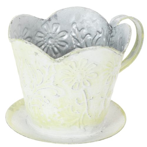 Floristik24 Pot de fleurs, porte-filtre à café décoratif, pot en métal pour plantes, décor floral vert et blanc, style shabby chic, H 11 cm Ø 11 cm