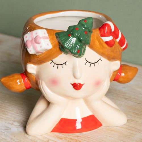Article Tête de plante en céramique fille jardinière décorative Noël H17cm