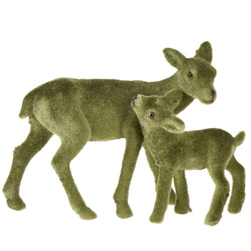 Figurines décoratives cerf cerf floqué vert de Noël avec faon en set H9/5,5cm 4 pièces