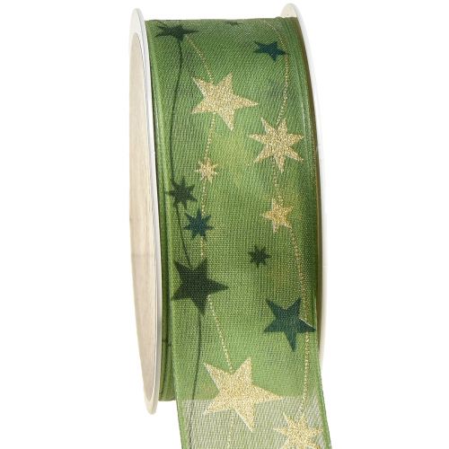 Floristik24 Ruban de Noël avec étoiles ruban cadeau vert avec bordure métallique 40mm 15m