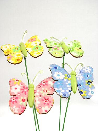 Floristik24 Papillon en bois sur fil motif floral 6cm 12P