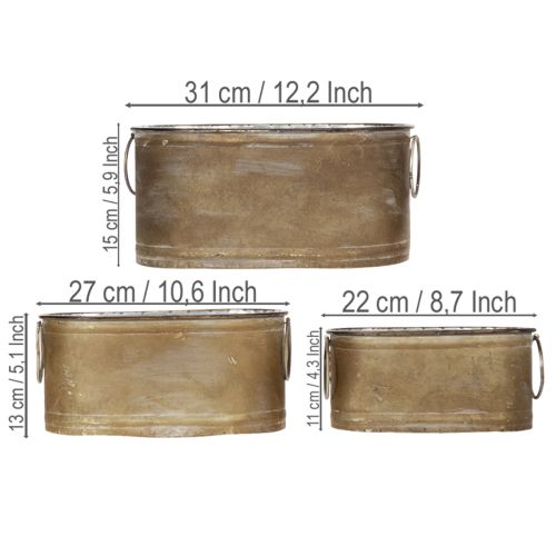 Article Ensemble de pots et bacs à plantes en métal, style rétro vintage, L 22,5 cm / 27 cm / 31 cm