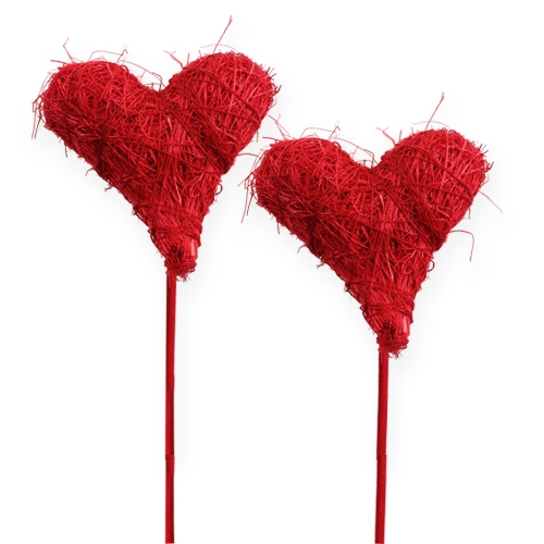 Coeur sisal 7.5cm rouge sur baton 12pcs