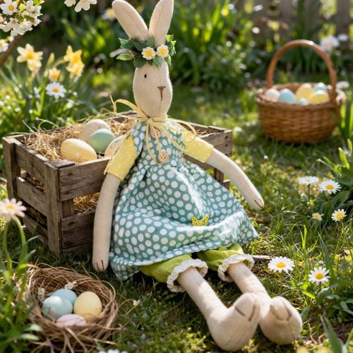 Article Lapin de Pâques en peluche, lapin de Pâques habillé, lapine H43cm