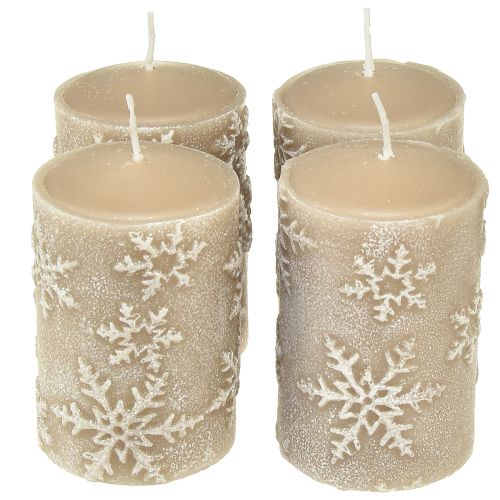 Bougies piliers bougies beiges flocons de neige 100/65mm 4 pcs