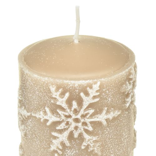 Floristik24 Bougies piliers bougies beiges flocons de neige 100/65mm 4 pcs
