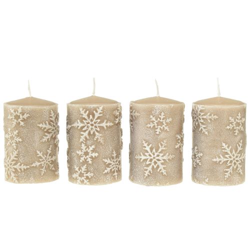 Floristik24 Bougies piliers bougies beiges flocons de neige 100/65mm 4 pcs