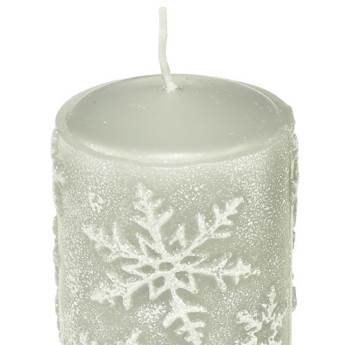 Floristik24 Bougies piliers bougies grises flocons de neige 100/65mm 4 pcs
