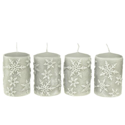 Floristik24 Bougies piliers bougies grises flocons de neige 100/65mm 4 pcs
