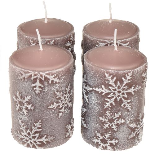 Floristik24 Bougies piliers bougies roses flocons de neige 100/65mm 4 pcs