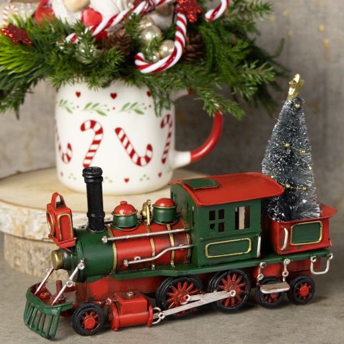 Article Train de Noël locomotive décorative en métal rouge avec sapin de Noël 20 cm