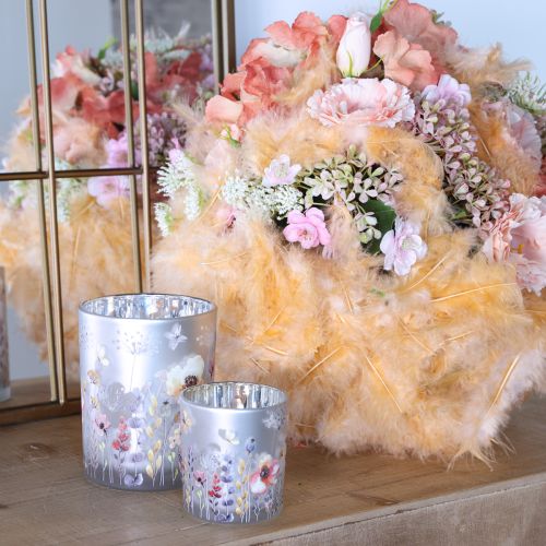 Article Lanterne en verre coquelicot prairie couleur argent H12,5cm 2 pcs