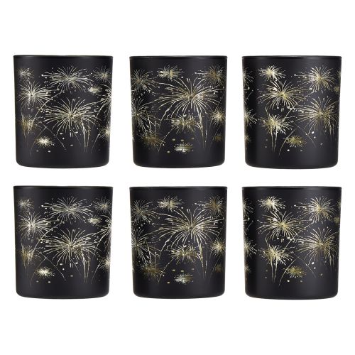 Article Lanterne élégante en verre avec motif de feux d'artifice – Noir et doré, 9 cm – Décoration idéale pour les occasions festives – Lot de 6