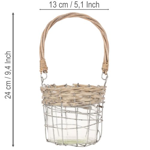 Lanterne décorative suspendue, métal, verre, osier, Ø13 cm H12 cm, 2 pièces | Floristik24.fr