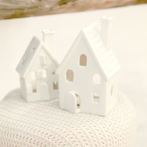 Article Lanterne maison décoration de table en céramique Avent blanc H18cm