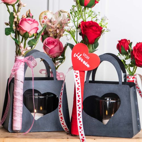 Article Lanterne Décoration Sac Métal avec Coeur Anthracite H18cm 2pcs