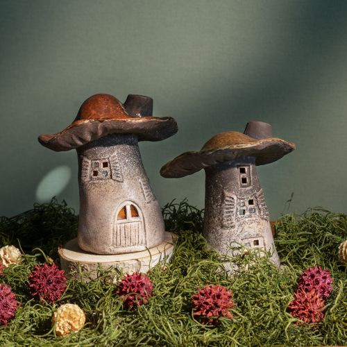 Floristik24 Lanternes Magiques Maison Champignon - Céramique Rustique, Marron, 14,5 cm - Décoration Lumineuse Unique Pack de 2