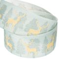 Ruban en tissu avec rennes et sapins dorés, bleu clair, 40 mm, 18 m | Floristik24.fr