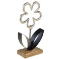 Floristik24 Décoration métal fleur argenté socle bois noir 15x29cm