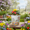 Pot décoratif en métal avec motif de nichoirs et fleurs - H14,5 cm Ø13,5 cm | Floristik24.fr