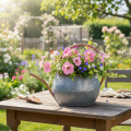 Arrosoir décoratif en métal, style champêtre vintage, décoration de jardin, pour les plantations, cuivre argenté, L 41 cm Ø 26 cm H 30 cm | Floristik24.fr