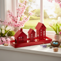 Set de Photophores Maisons en Métal Rouge sur Plateau 35 cm | Floristik24.fr