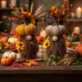 Figurines d'automne en forme de lutins avec citrouille, tournesol et barbe, 16 cm, lot de 2, en tissu de couleur orange et brun | Floristik24.fr