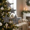 Étoiles de Noël en Bois avec Ornements Argentés et Paillettes - Lot de 9 | Floristik24.fr