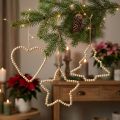 Ornements suspendus de Noël en bois – Lot de 3 formes (cœur, étoile, sapin) – Ø 1 cm – Hauteur 16/17 cm | Floristik24.fr