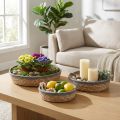 Set de 3 Plateaux en Osier Naturel Rond avec Bordure Grise Ø33/30/25cm | Floristik24.fr
