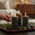 Bougies cylindriques anthracite à rainures - Lot de 4, 70x130mm, cire mixte, longues durées | Floristik24.fr