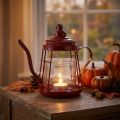 Photophore en métal rouge forme théière avec verre Ø15 cm H26 cm | Floristik24.fr