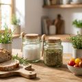 Lot de 2 bocaux décoratifs en verre vert avec couvercle en liège et cuillère en bois Ø7 cm H10 cm | Floristik24.fr
