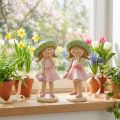 Figurines décoratives fille avec chapeau vert et robe rose 6,5 x 5,5 x 14,5 cm - Lot de 2 | Floristik24.fr
