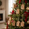 Décorations de Noël 9 Maisons en Bois Rotbrun avec Ficelle Naturelle | Floristik24.fr