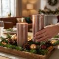 Bougies piliers teintées dans la masse cuivre 85x200 mm – Lot de 2, design métallique festif | Floristik24.fr