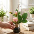 Rose artificielle dans un pot en verre avec crochet, rose, H23cm | Floristik24.fr