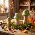 Set de 3 champignons décoratifs en bois, vert clair, H6/8/10 cm | Floristik24.fr